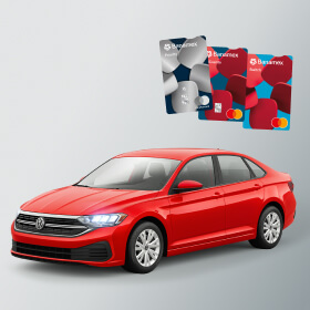 Imagen de un auto rojo con una tarjeta Mi Cuenta Banamex vertical al frente