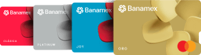 Abánico de tarjetas de crédito Clásica, Oro, Joy y Platinum, dispuestas en perspectiva horizontal.