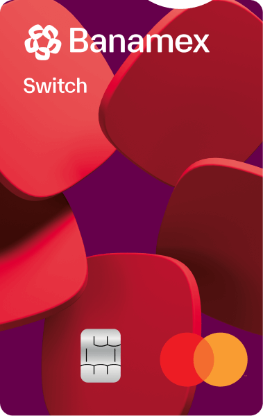 Tarjeta de débito digital Switch Banamex con fondo violeta y chip.