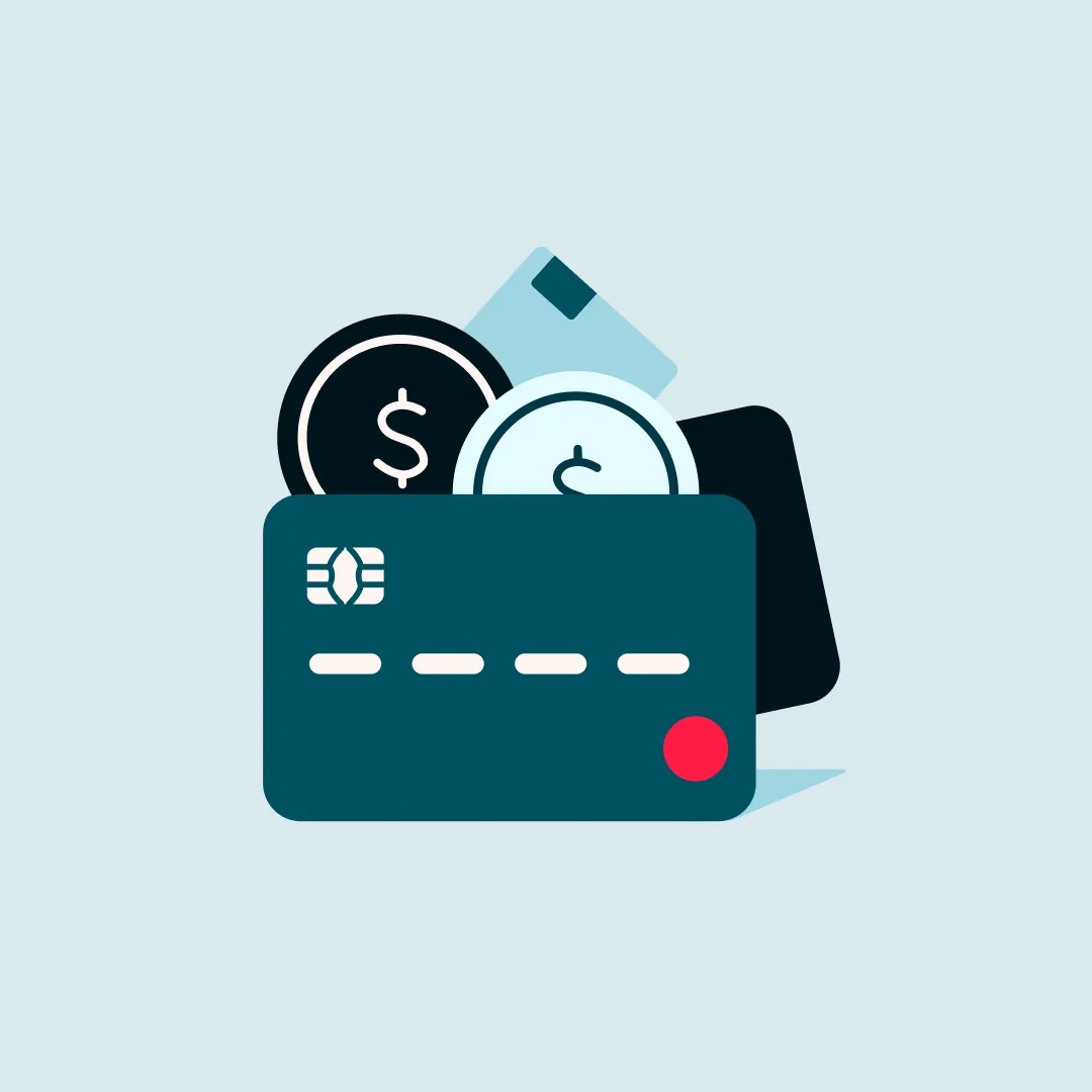 Ilustración de una tarjeta bancaria acompañada de monedas y efectivo, representando pagos, administración de dinero y productos financieros de Banamex.