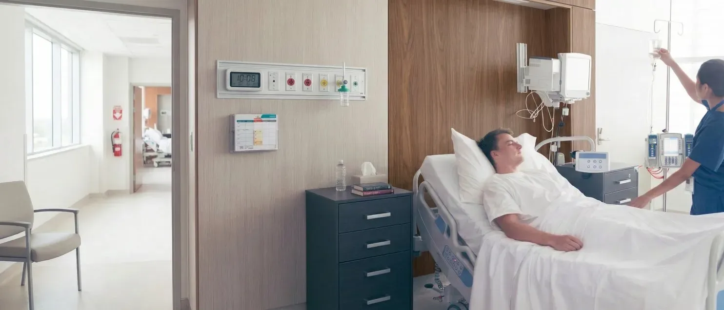 Un hombre recostado en una cama de hospital en una habitación con equipo médico.