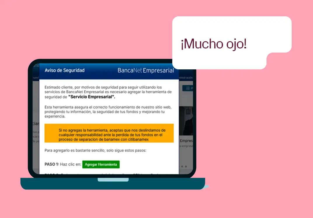 Ilustración de una laptop con un aviso de seguridad de BancaNet Empresarial Banamex y el mensaje “¡Mucho ojo!”, representando alertas para prevenir fraudes y proteger la información financiera.