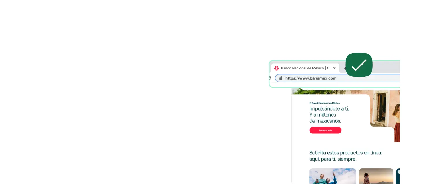Captura del sitio web oficial de Banamex mostrando una dirección segura con HTTPS y un símbolo de verificación, representando la protección y confianza en los servicios digitales del banco.