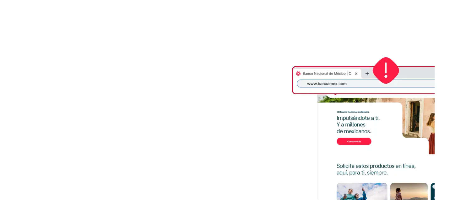 Captura del sitio web de Banamex con una dirección web no segura marcada con un símbolo de advertencia, representando recomendaciones de seguridad para evitar sitios fraudulentos o suplantación.
