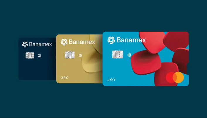 Tarjetas de crédito Banamex en versiones Clásica, Oro y Joy, con diseño distintivo y tecnología de pago sin contacto.