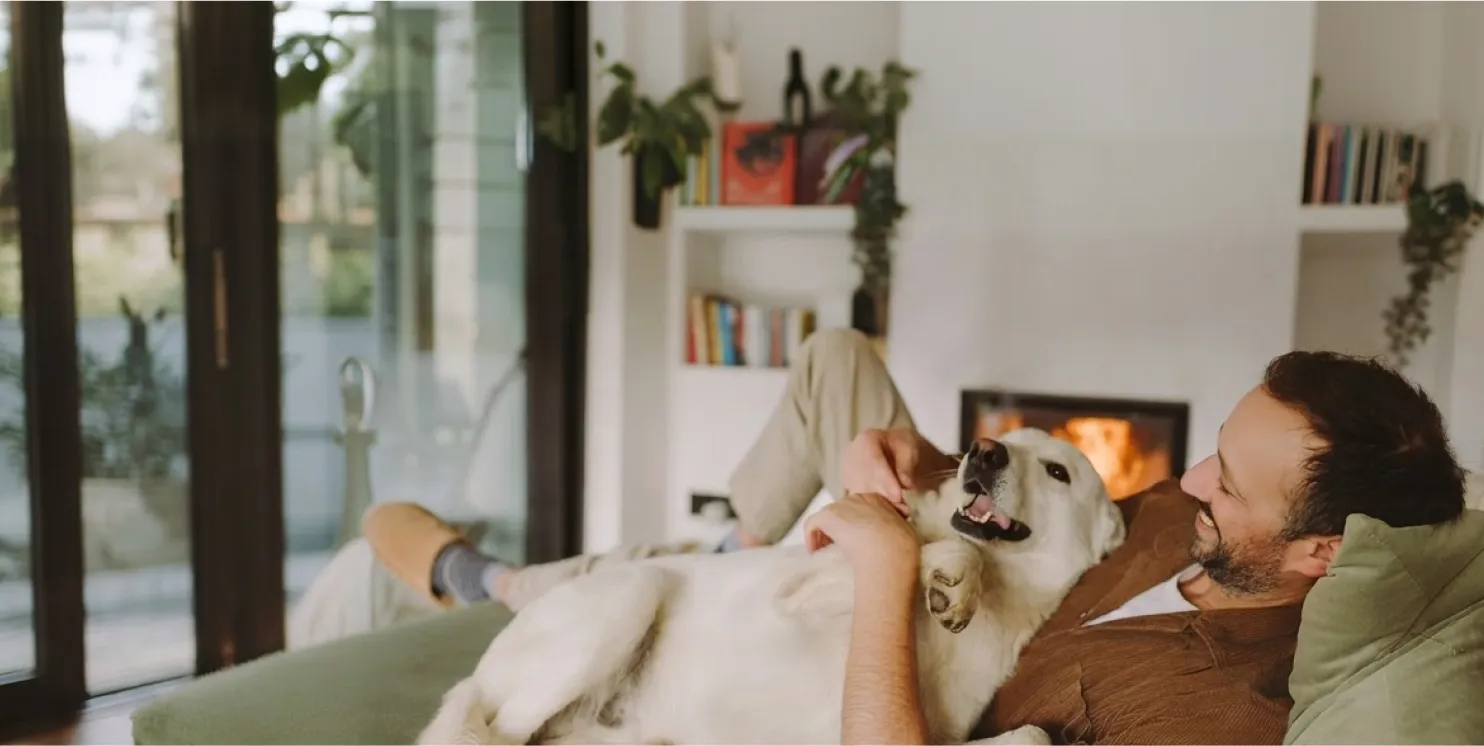 Persona descansando en un sofá junto a su mascota dentro del hogar, representando bienestar, tranquilidad y estabilidad financiera para disfrutar una mejor calidad de vida.