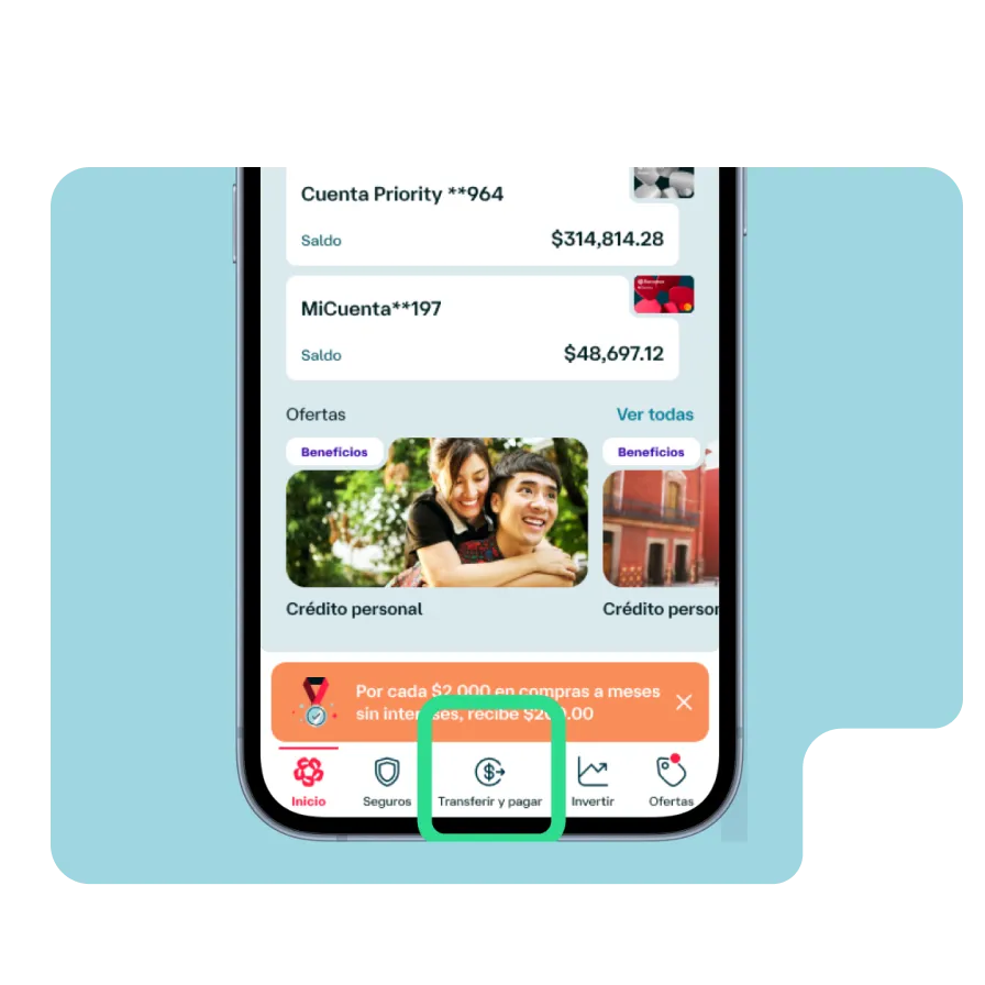 Pantalla de Banamex Móvil destacando la opción Transferir y pagar para realizar movimientos y pagos desde la aplicación.