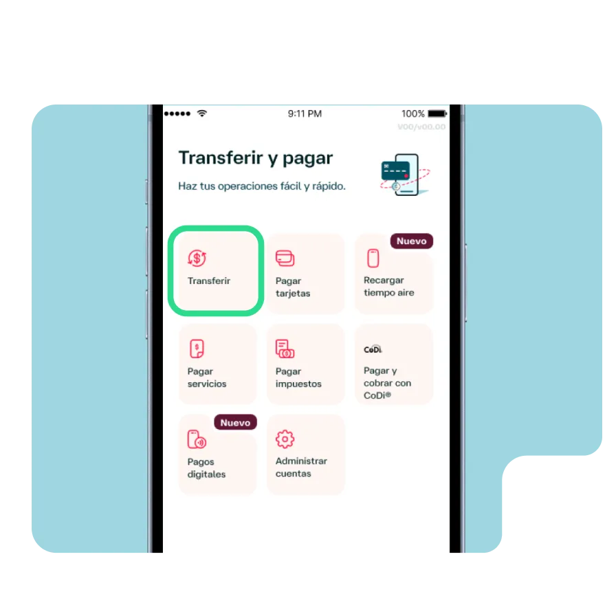 Pantalla de Banamex Móvil en la sección Transferir y pagar, con opciones para transferencias, pagos y recargas desde la app.