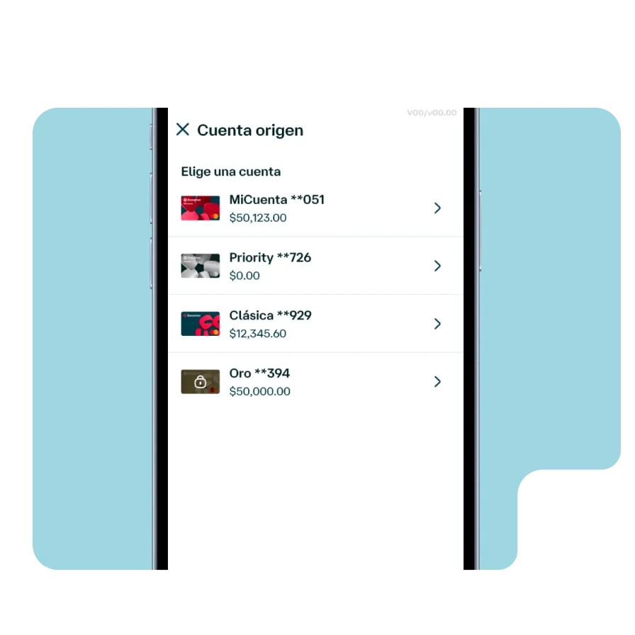 Pantalla de Banamex Móvil para seleccionar la cuenta origen de una transferencia entre cuentas de débito y crédito.