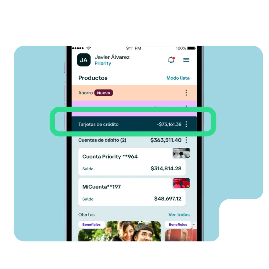 Pantalla de Banamex Móvil mostrando productos financieros, con la sección de tarjetas de crédito destacada para consulta rápida.