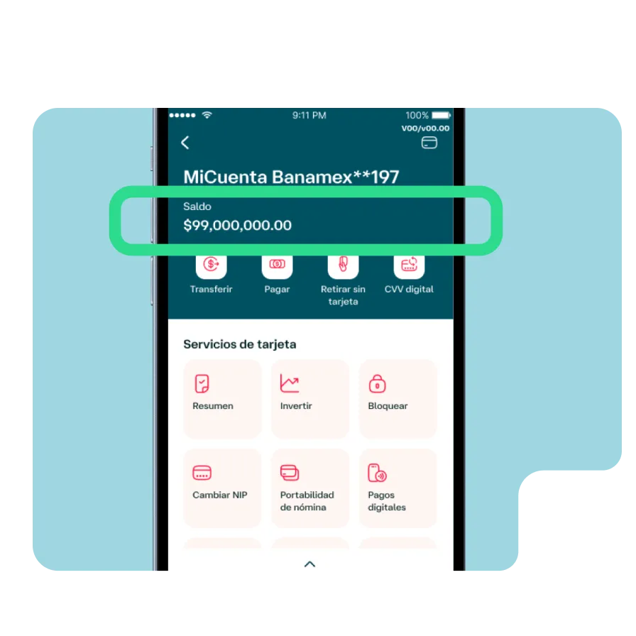 Pantalla de Banamex Móvil mostrando el saldo de una cuenta y accesos para transferir, pagar, retirar sin tarjeta y generar CVV digital.