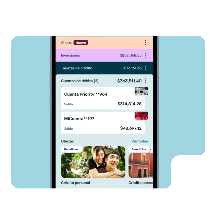 Pantalla de Banamex Móvil mostrando cuentas de débito, inversiones, tarjetas y ofertas para administrar finanzas desde la app.