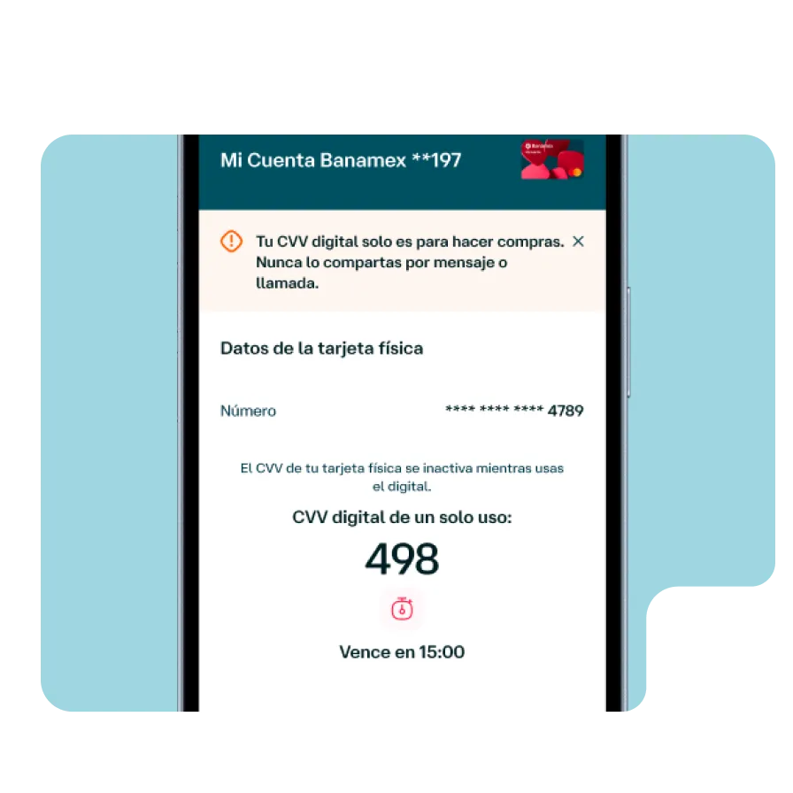 Pantalla de Banamex Móvil mostrando un CVV digital temporal de un solo uso para realizar compras en línea de forma más segura.