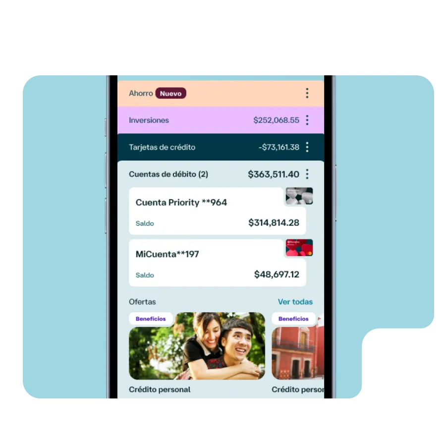 Pantalla de Banamex Móvil mostrando cuentas, inversiones, tarjetas y ofertas para administrar productos financieros desde la app.