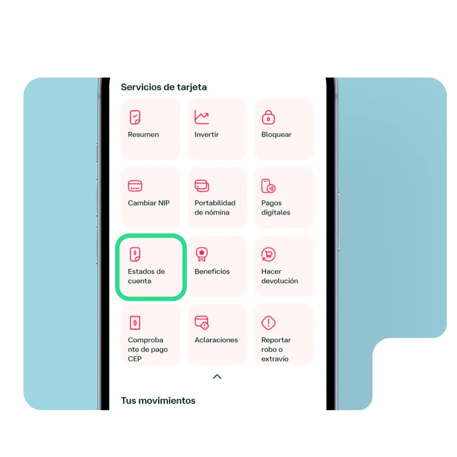 Pantalla de Banamex Móvil destacando la opción Estados de cuenta dentro de los servicios de tarjeta para consultar movimientos y saldos.