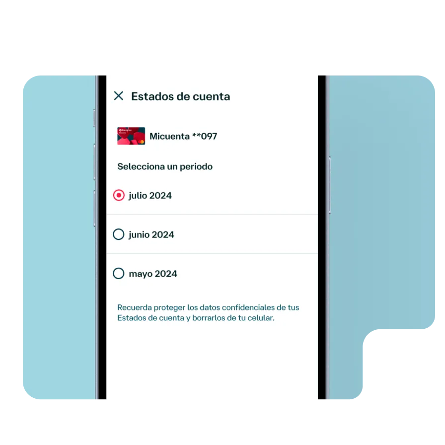 Pantalla de Banamex Móvil para seleccionar y descargar estados de cuenta de distintos periodos desde la aplicación.