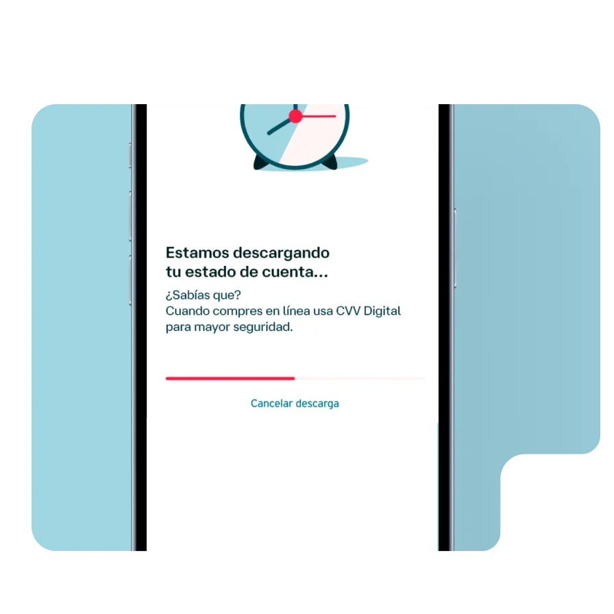 Pantalla de Banamex Móvil mostrando la descarga de un estado de cuenta y una recomendación de seguridad sobre el uso de CVV digital.