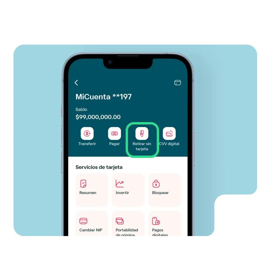 Pantalla de la app Banamex mostrando opciones de cuenta y la función destacada para retirar efectivo sin tarjeta desde el celular.