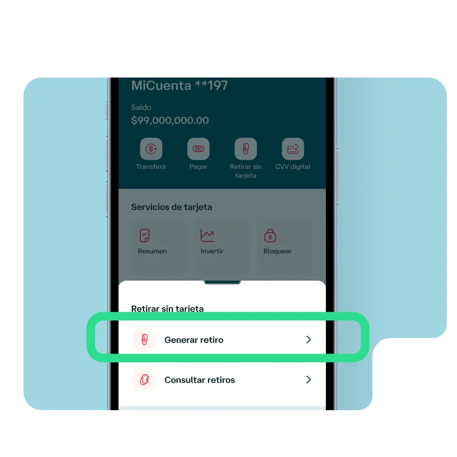 Pantalla de la app Banamex con la opción "Generar retiro" para retirar efectivo sin tarjeta desde una cuenta bancaria.