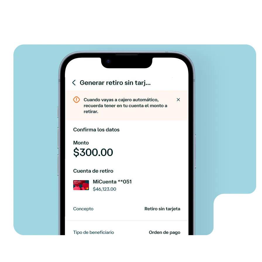 Pantalla de confirmación en la app Banamex para un retiro sin tarjeta, con monto, cuenta de origen y datos de la operación.