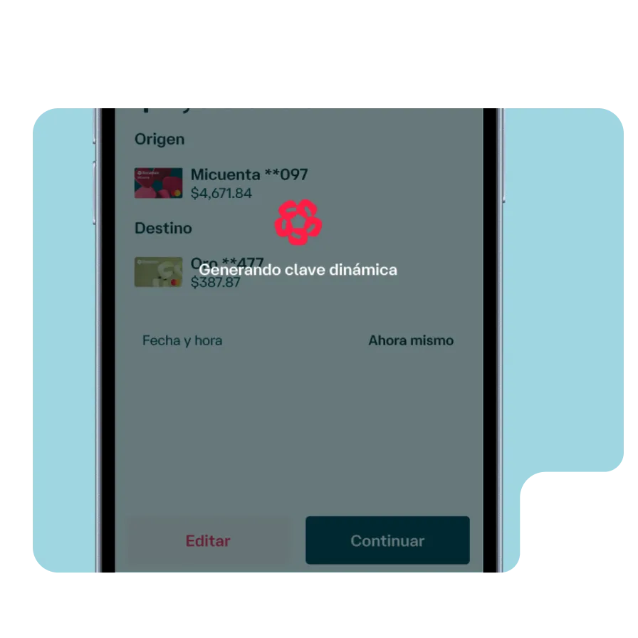 Pantalla de la app Banamex mostrando la generación de una clave dinámica para autorizar de forma segura una recarga de tiempo aire.