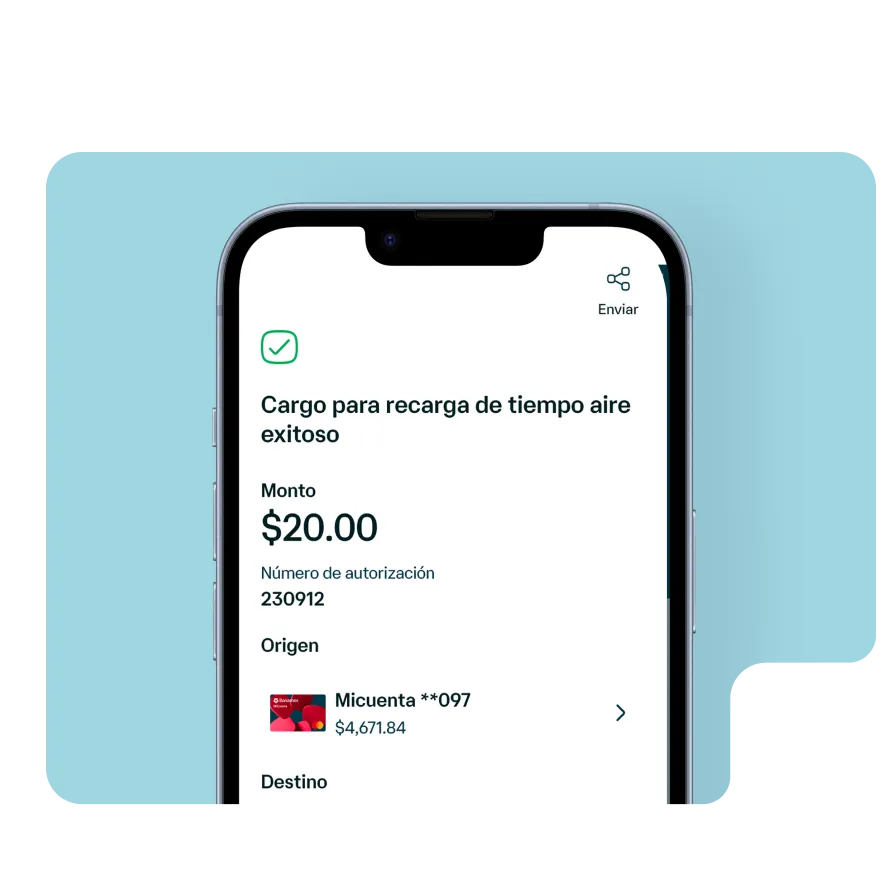 Pantalla de la app Banamex con confirmación exitosa de recarga de tiempo aire, mostrando monto, cuenta de origen y autorización.