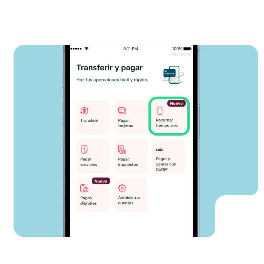 Pantalla de la app Banamex con la sección Transferir y pagar, destacando la opción para recargar tiempo aire desde el celular.