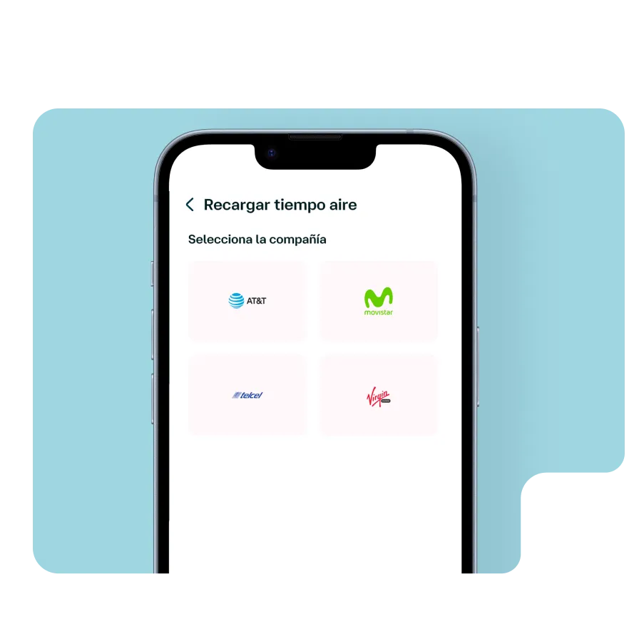 Pantalla de la app Banamex para recargar tiempo aire, con selección de compañía móvil como AT&T, Movistar, Telcel o Virgin Mobile.
