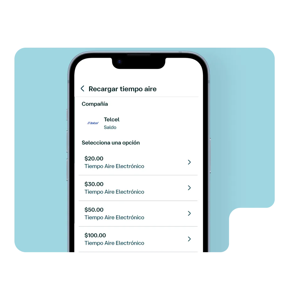 Pantalla de la app Banamex para recargar tiempo aire Telcel, con opciones de saldo electrónico desde $20 hasta $100 pesos.
