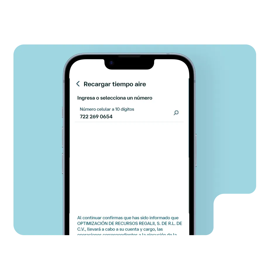 Pantalla de la app Banamex para recargar tiempo aire, con captura o selección del número celular al que se abonará saldo electrónico.