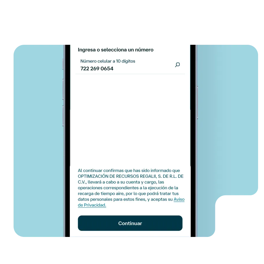 Pantalla de la app Banamex para confirmar una recarga de tiempo aire, con número celular seleccionado y botón para continuar.