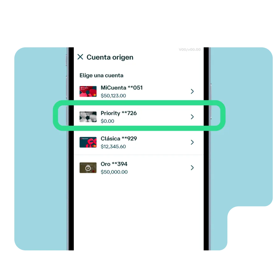 Pantalla de la app Banamex para seleccionar la cuenta de origen desde la que se realizará una transferencia entre cuentas.