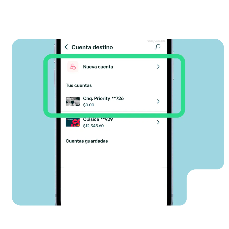 Pantalla de la app Banamex para seleccionar una cuenta destino o agregar una nueva cuenta antes de realizar una transferencia.