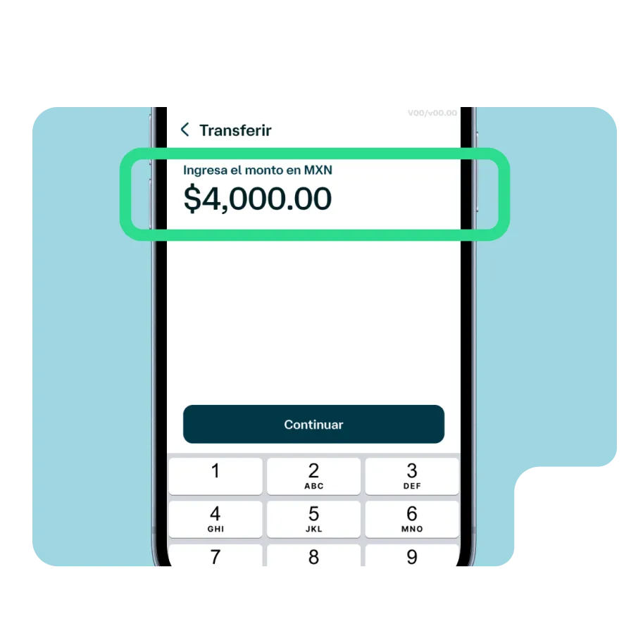 Pantalla de la app Banamex para capturar el monto de una transferencia, con importe de $4,000 MXN y opción para continuar.