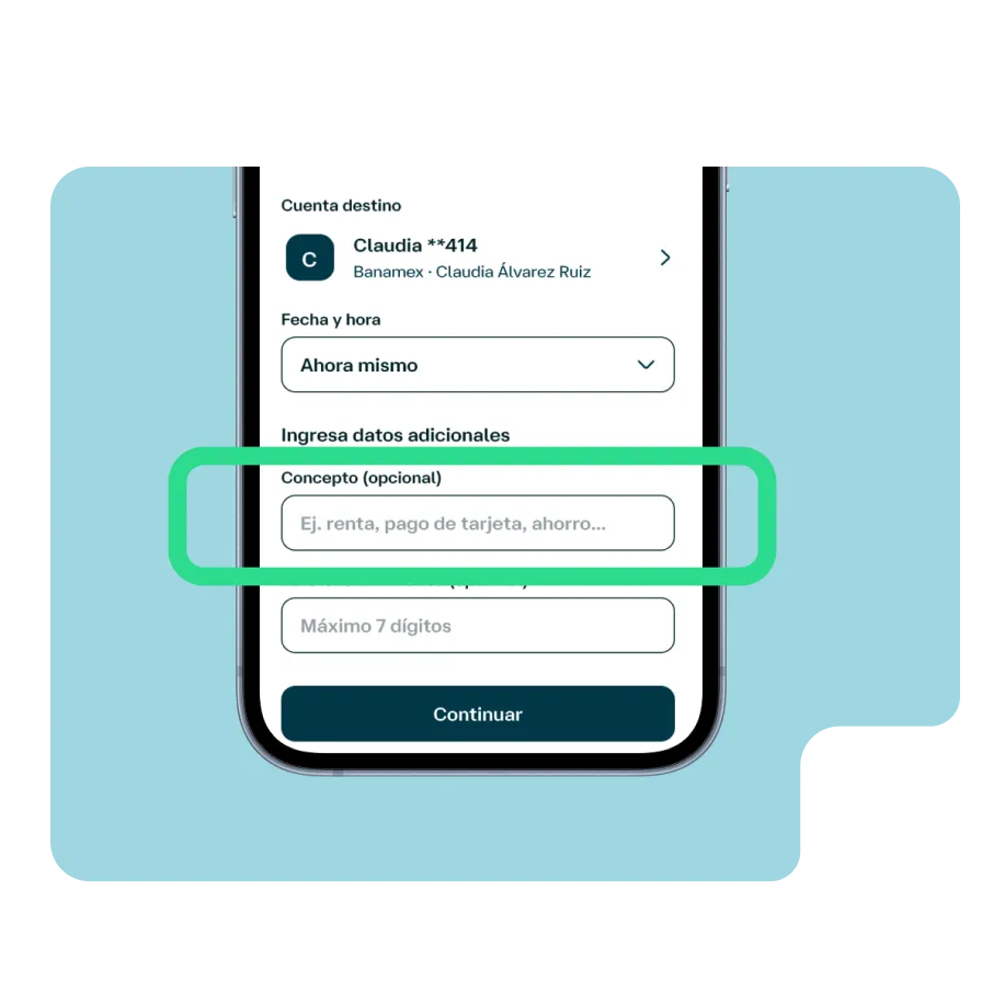 Pantalla de la app Banamex para agregar datos de una transferencia, con campo opcional para capturar el concepto de la operación.