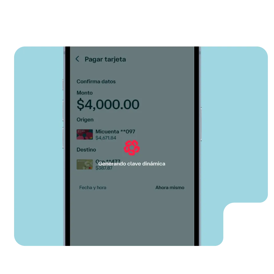Pantalla de la app Banamex generando una clave dinámica para autorizar de forma segura el pago de una tarjeta de crédito.