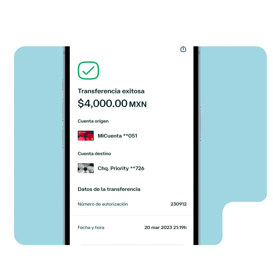 Pantalla de la app Banamex con comprobante de transferencia exitosa, mostrando monto enviado, cuentas participantes y datos de autorización.