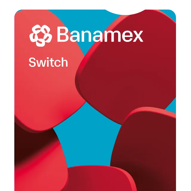 Imagen promocional de Banamex Switch con el logotipo de Banamex sobre un fondo azul con formas orgánicas rojas, representando el producto o servicio digital Banamex Switch.