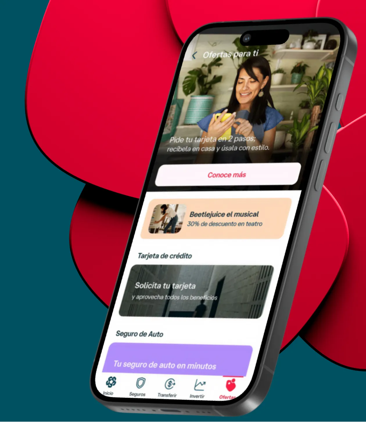 Pantalla de la app Banamex mostrando la sección Ofertas para ti, con promociones de tarjeta de crédito, descuentos en teatro y seguro de auto disponibles desde el celular.