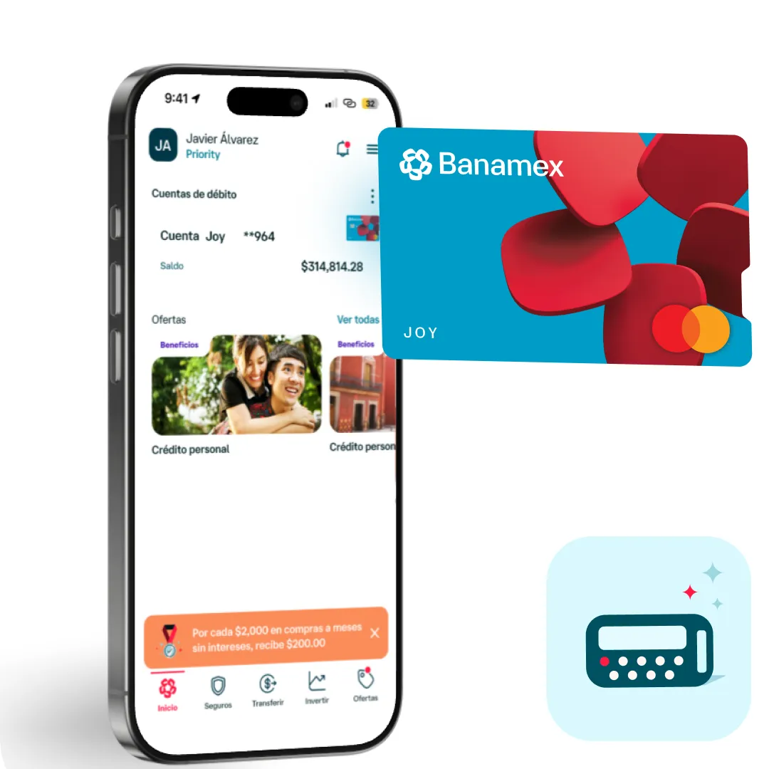 App Banamex Móvil mostrando la Cuenta Joy con saldo, ofertas y beneficios, junto a la Tarjeta de débito Banamex Joy Mastercard, para gestionar tus finanzas desde el celular.