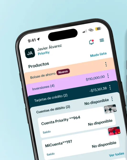 App Banamex Móvil mostrando la sección Productos con Bolsas de ahorro, inversiones, tarjetas de crédito y cuentas de débito, para consultar y administrar tus finanzas desde el celular.