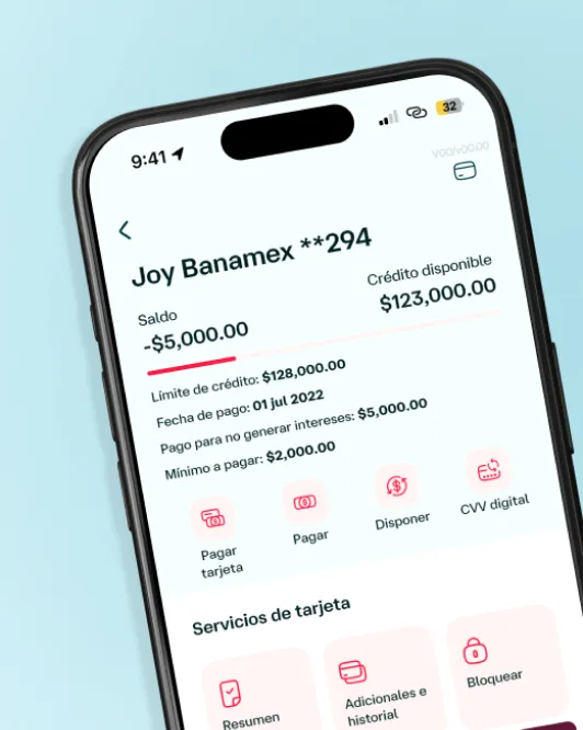 Pantalla de la app Banamex Móvil mostrando el detalle de la Tarjeta de crédito Joy Banamex, con saldo, crédito disponible, fecha de pago y servicios como pagar, disponer y CVV digital.