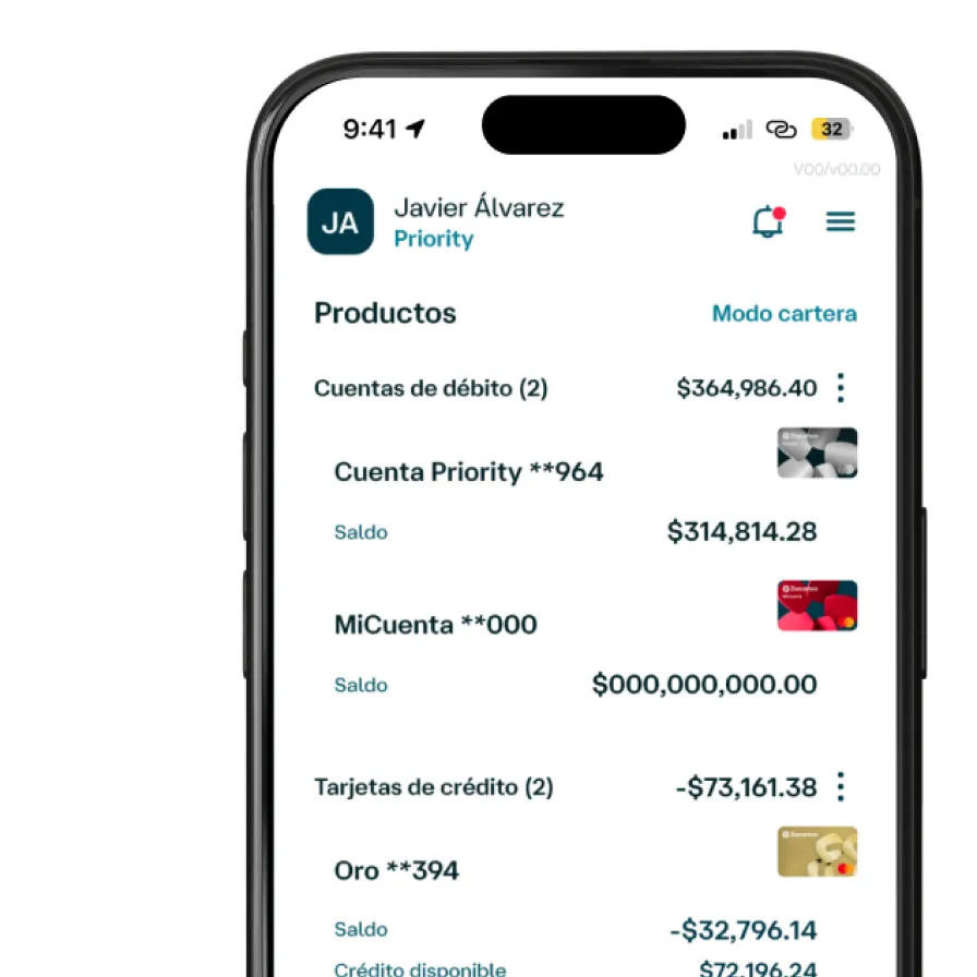 Pantalla de la app Banamex Móvil en Modo cartera mostrando los productos de un usuario, con cuentas de débito, saldos y tarjetas de crédito para consultar sus finanzas desde el celular.