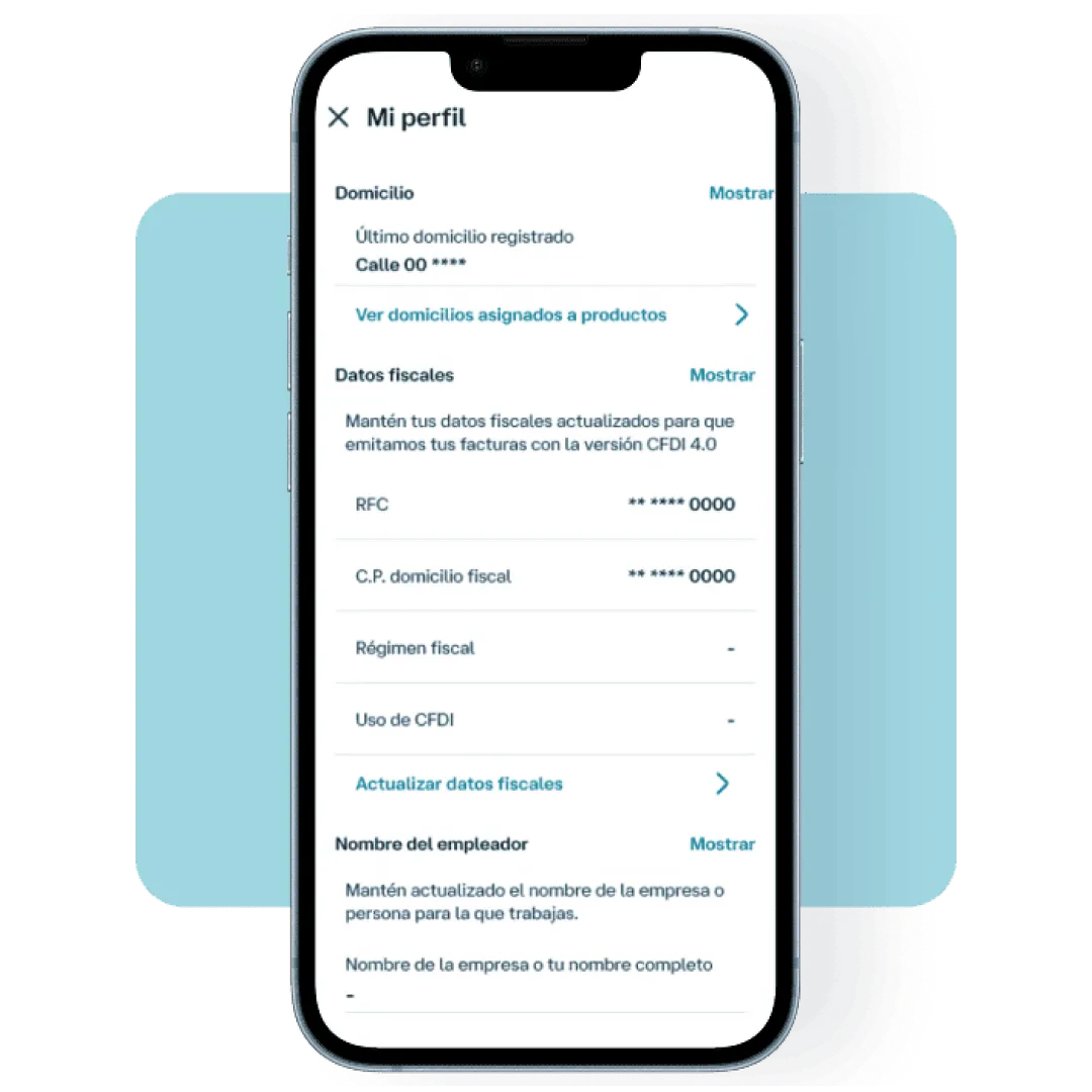 Pantalla de Banamex Móvil en la sección Mi perfil, mostrando domicilio, datos fiscales y opciones para actualizar información personal y fiscal desde la aplicación.