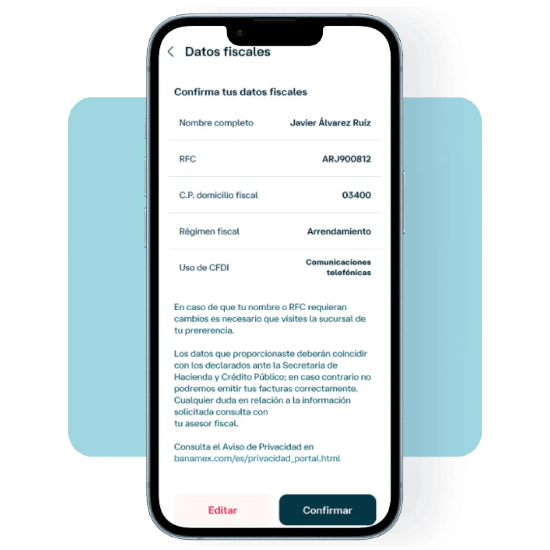 Pantalla de Banamex Móvil en la sección Datos fiscales, mostrando información del RFC, régimen fiscal y uso de CFDI para confirmar y actualizar datos desde la aplicación.