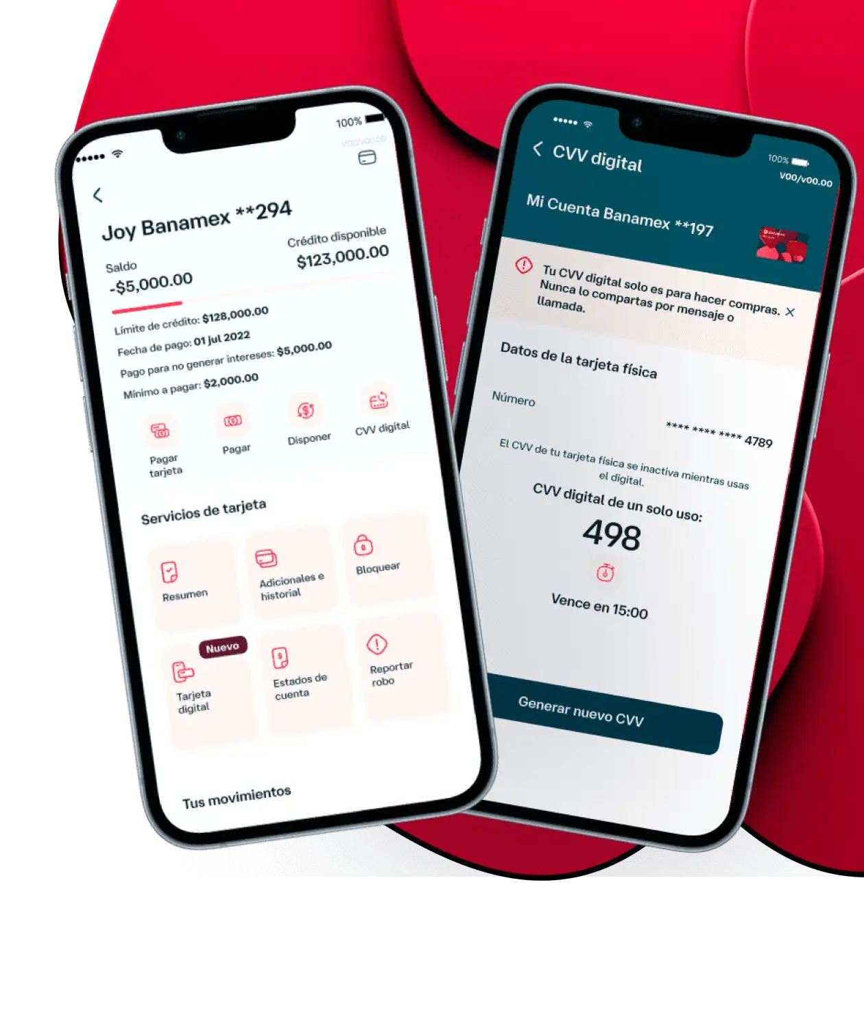 Pantallas de Banamex Móvil mostrando el detalle de una tarjeta y la función CVV digital para compras seguras en línea.