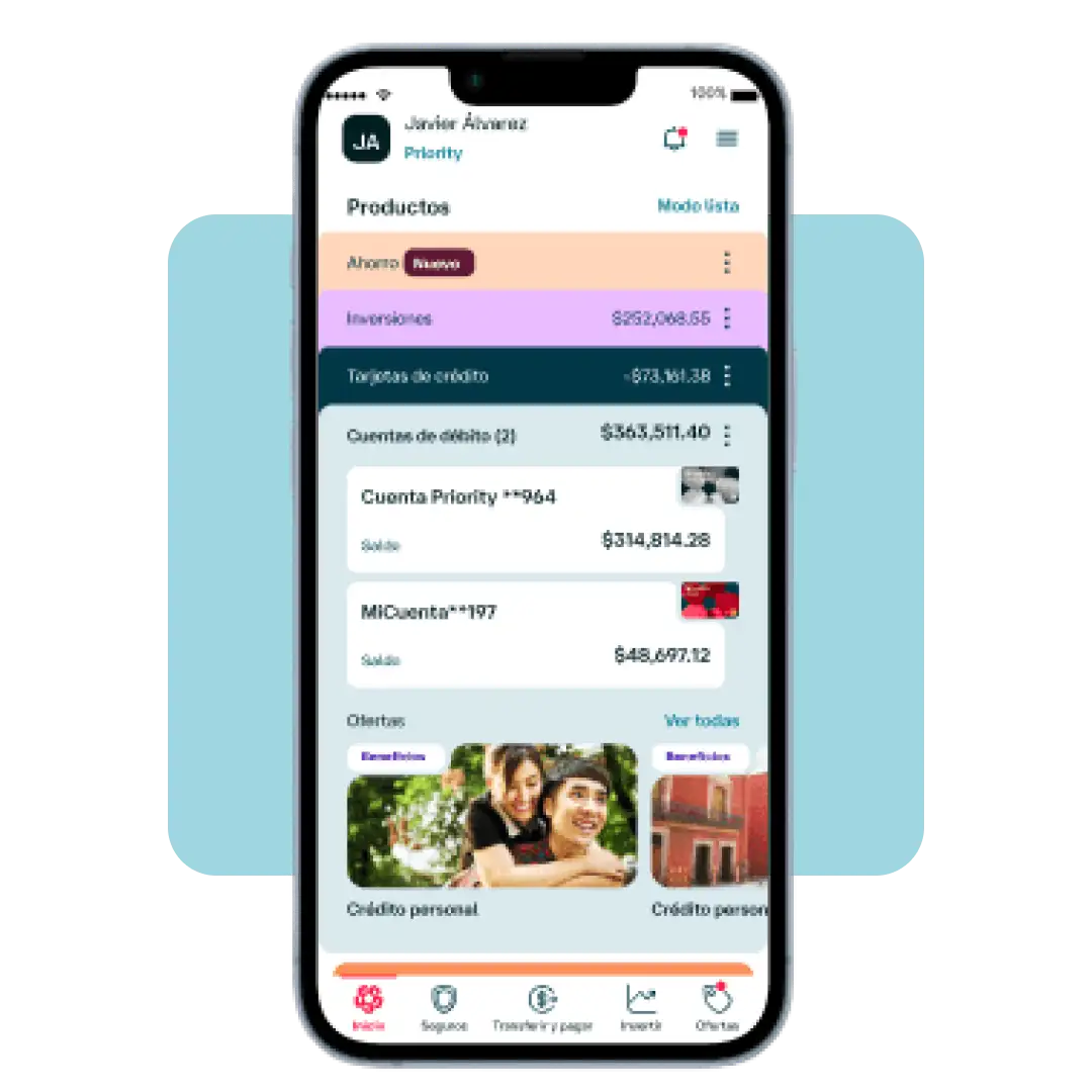 Pantalla de Banamex Móvil mostrando productos financieros, saldos, inversiones, cuentas y ofertas disponibles desde la aplicación.