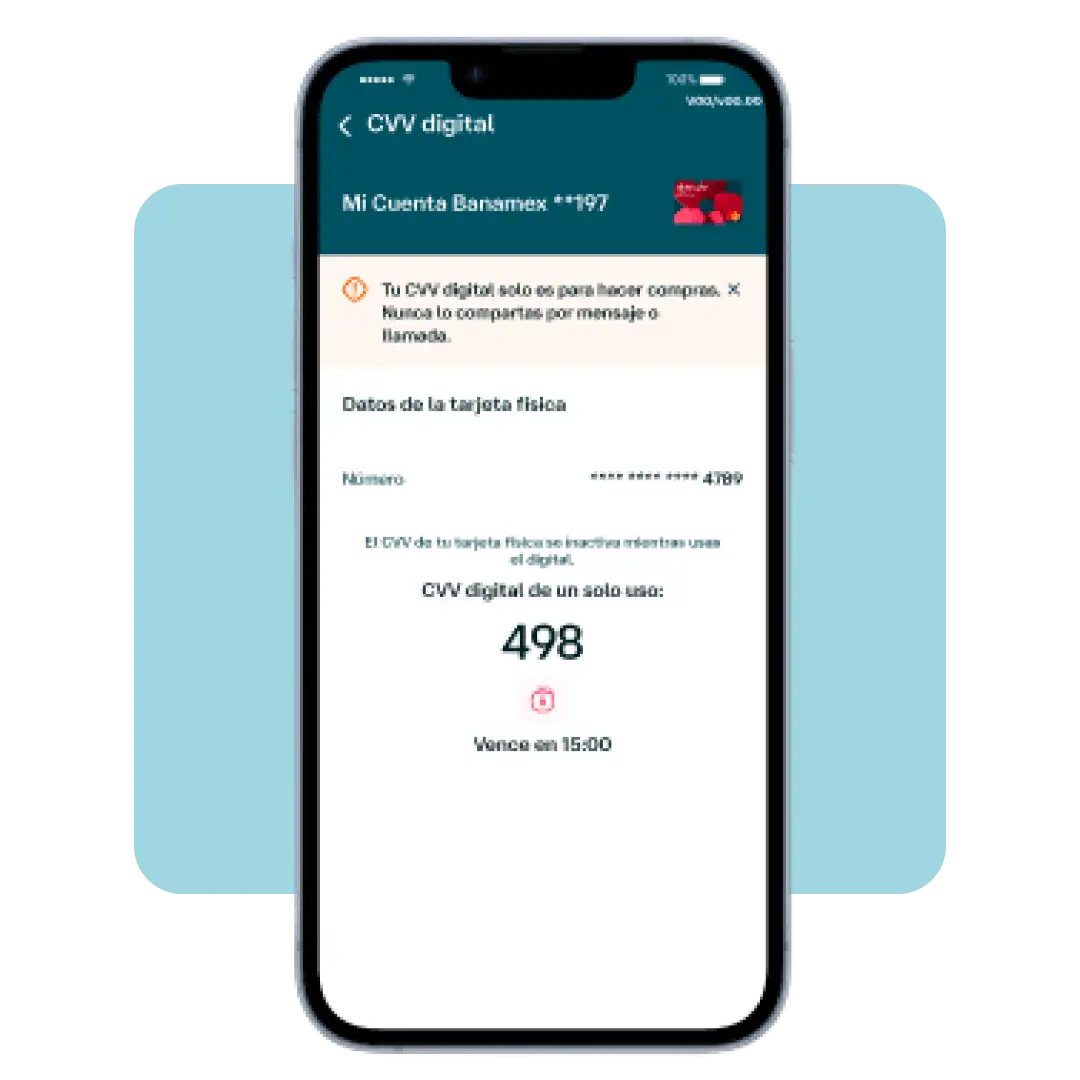 Pantalla de Banamex Móvil mostrando la función CVV digital temporal para realizar compras en línea de forma más segura.