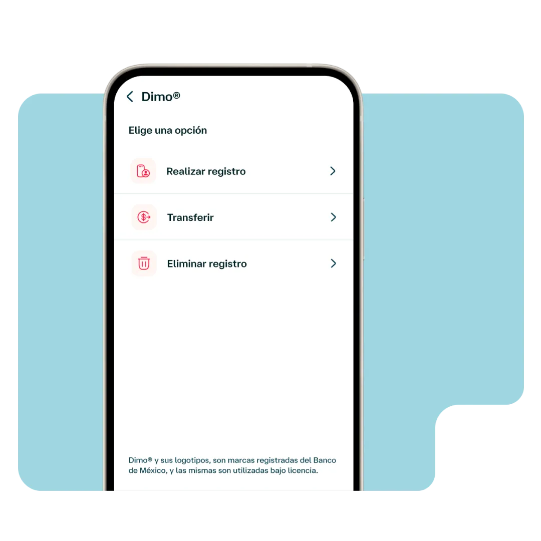 Pantalla de la app Banamex en la sección DiMo®, con opciones para registrarse, transferir dinero o eliminar un registro existente.