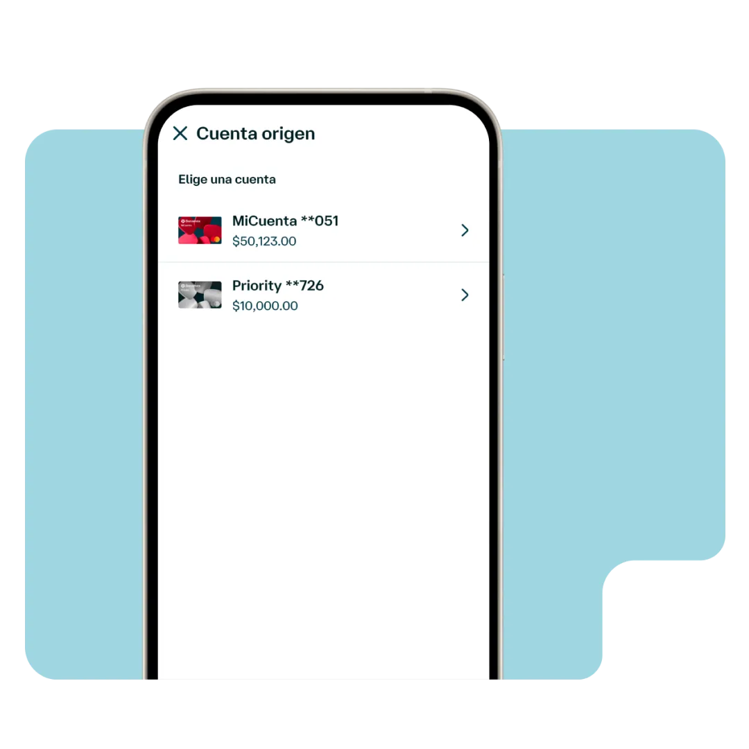 Pantalla de la app Banamex para seleccionar la cuenta de origen que se utilizará en una operación de DiMo® o transferencia digital.